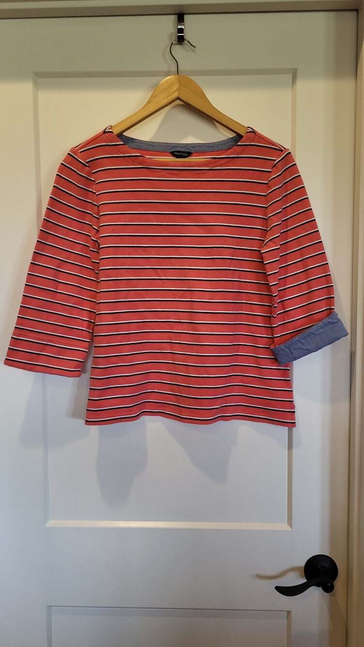 Nautica Women's 100% Cotton 3/4 Sleeve Striped Boatneck Top with Chambray Cuffs,